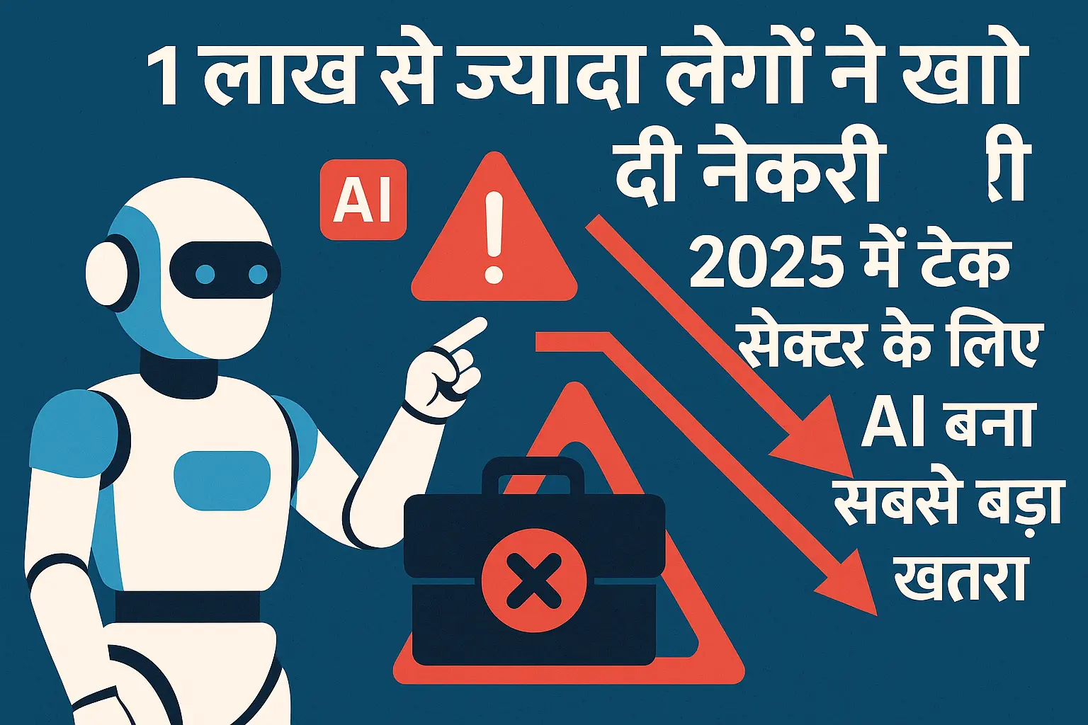 डिजिटल चित्र जिसमें AI रोबोट और इंसान के बीच संघर्ष दिखाया गया है, 2025 में टेक सेक्टर में नौकरी संकट और बेरोजगारी का प्रतीक।