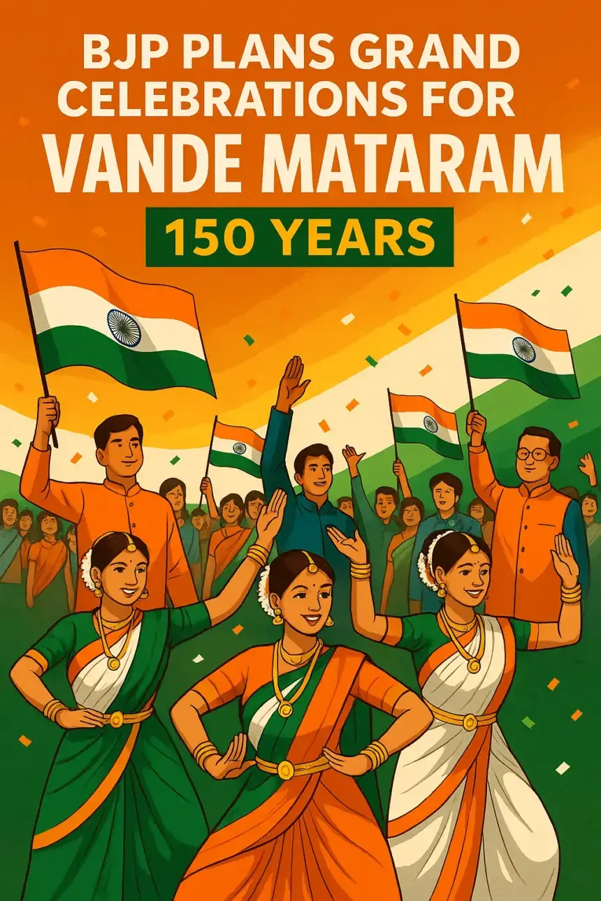 BJP leaders and citizens celebrating 150 years of Vande Mataram with cultural programs, flags, and music