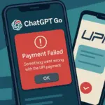 A digital illustration showing ChatGPT Go app and UPI payment failure screen symbolizing glitches in India’s AI rollout.
