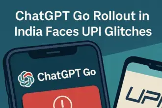 A digital illustration showing ChatGPT Go app and UPI payment failure screen symbolizing glitches in India’s AI rollout.