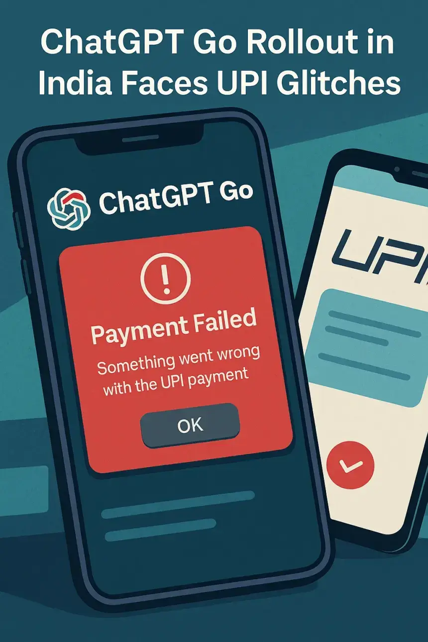 A digital illustration showing ChatGPT Go app and UPI payment failure screen symbolizing glitches in India’s AI rollout.