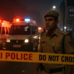 Nighttime emergency scene with police vehicles, flashing lights, and caution tape after the 10 November 2025 car blast near Delhi’s Red Fort.