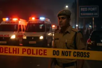Nighttime emergency scene with police vehicles, flashing lights, and caution tape after the 10 November 2025 car blast near Delhi’s Red Fort.