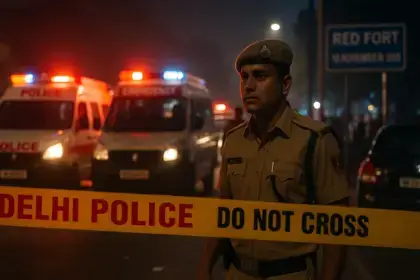 Nighttime emergency scene with police vehicles, flashing lights, and caution tape after the 10 November 2025 car blast near Delhi’s Red Fort.