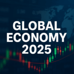 Global Economy 2025 banner showing financial charts, world map, and stock indicators symbolizing global market growth and uncertainty.