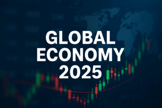 Global Economy 2025 banner showing financial charts, world map, and stock indicators symbolizing global market growth and uncertainty.