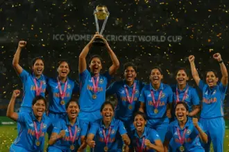 Indian women’s cricket team celebrating ICC World Cup 2025 victory with trophy and confetti
