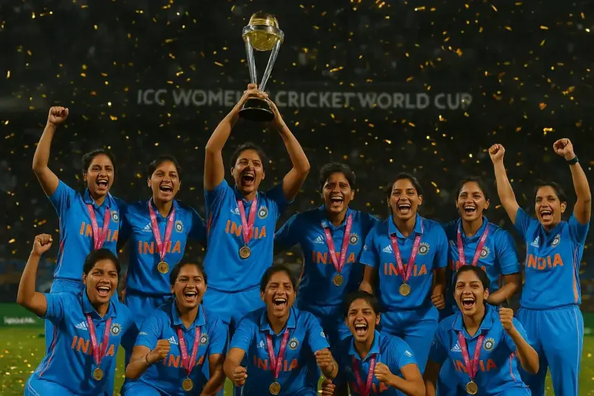 Indian women’s cricket team celebrating ICC World Cup 2025 victory with trophy and confetti